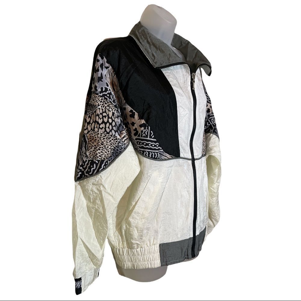 Vintage Ville Franche 1990s Colorblock Windbreaker Jacket Animal Print M - Picture 2 of 16